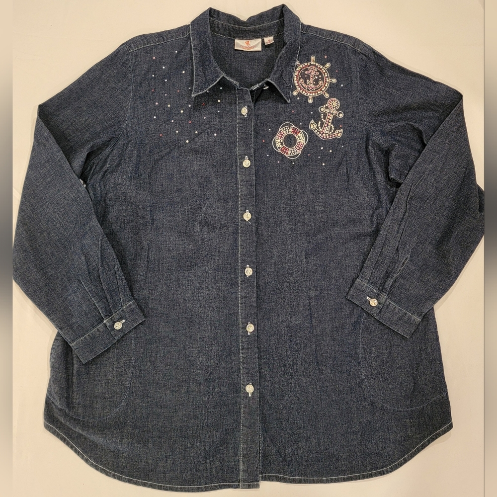 Quacker Factory Denim Button Up Nautical Cruise Shirt Anchors XL